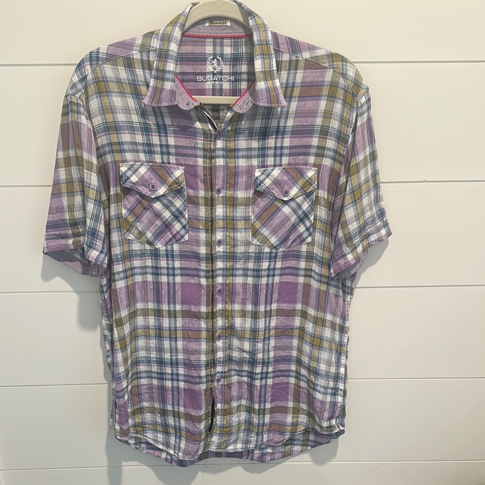 Bugatchi Linen Button Down Shirt Purple and Green